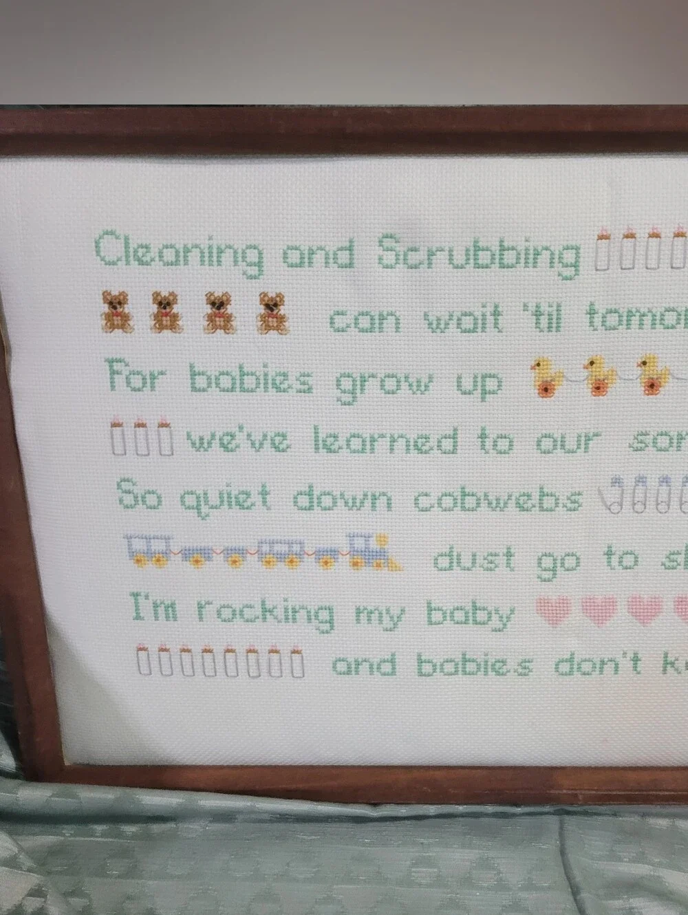 Vintage Framed Handmade Cross-Stitch Baby Lyrics Wall Art in Green and Pink